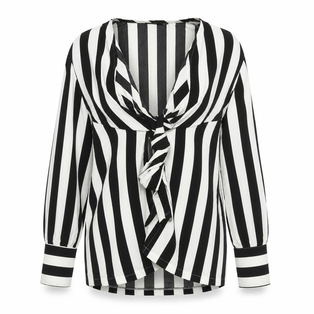 Front view of PRETTYLITTLETHING women’s black white striped tie blouse, size UK 8
