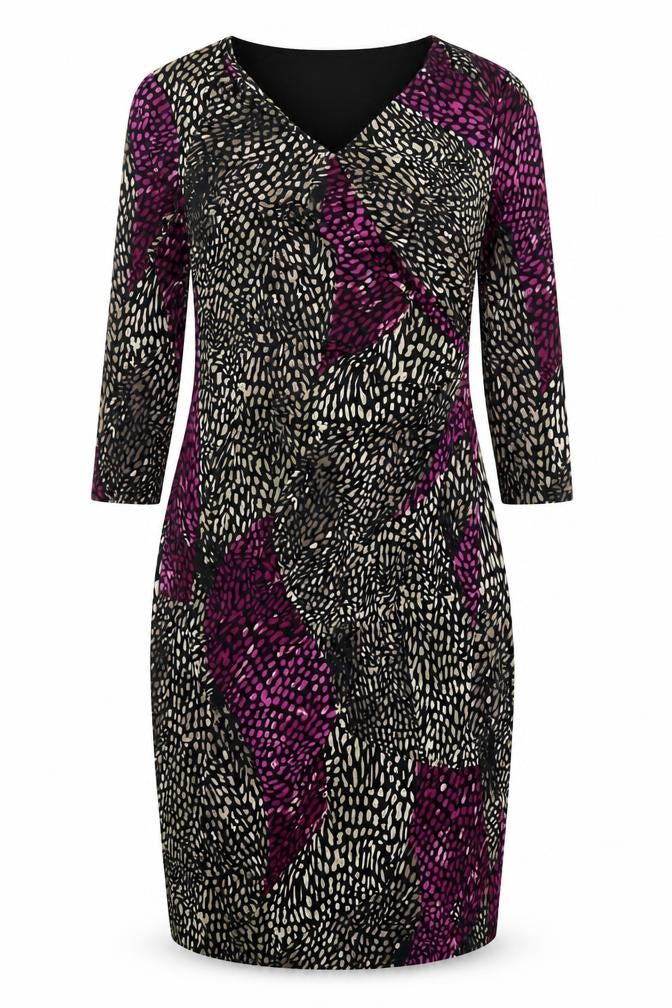 CC Women’s Black Purple Animal Print Sheath Dress M Long Sleeve V-Neck