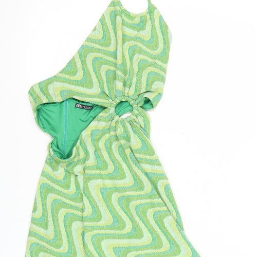 Zara Women’s Green Halter Cut Out Retro Print Short Dress Size M