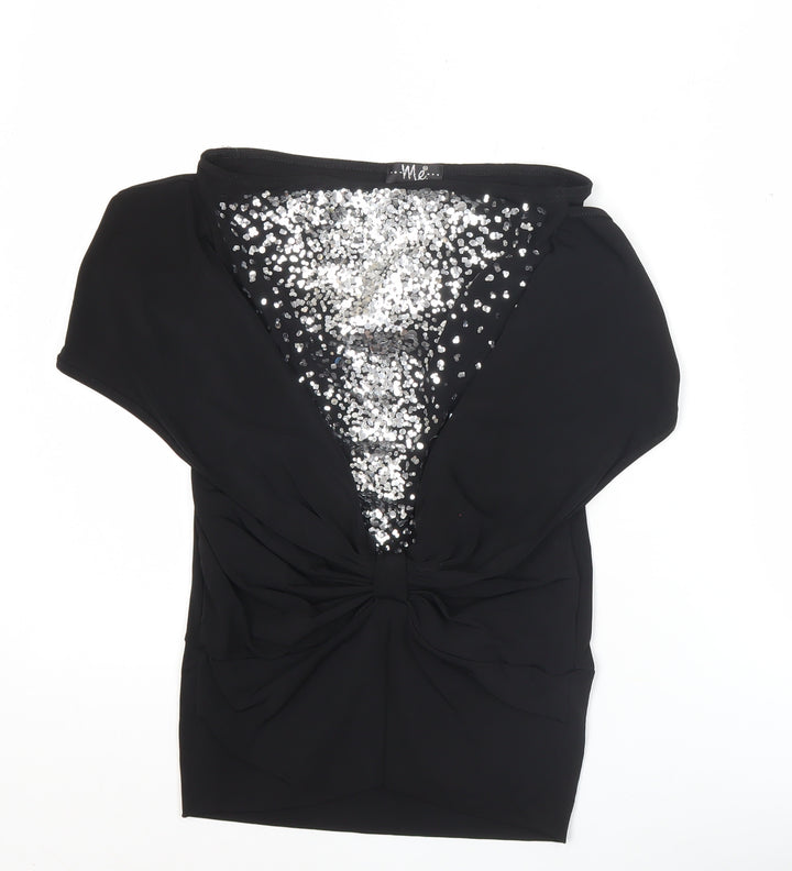 Me Womens Black Sequin Party Blouse Size S Slim Fit V-Neck