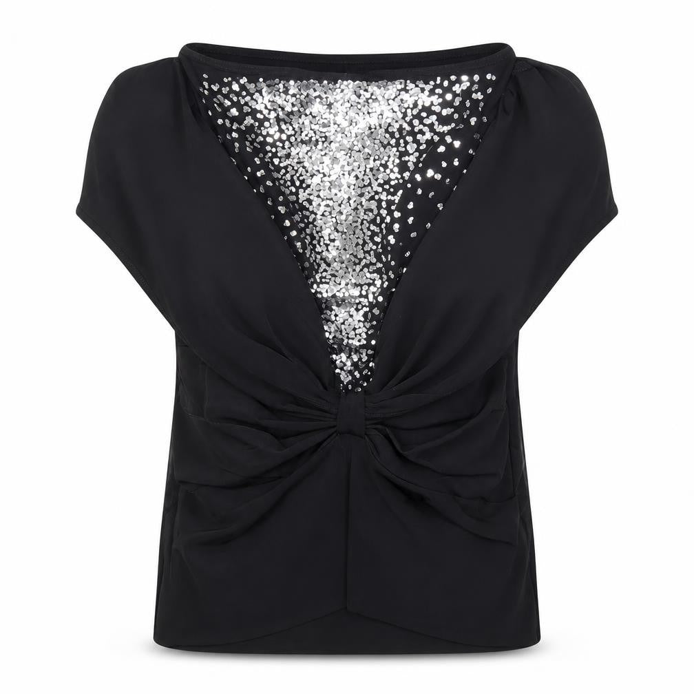 Front view of Me women’s black sequin party blouse, size S, slim fit v-neck