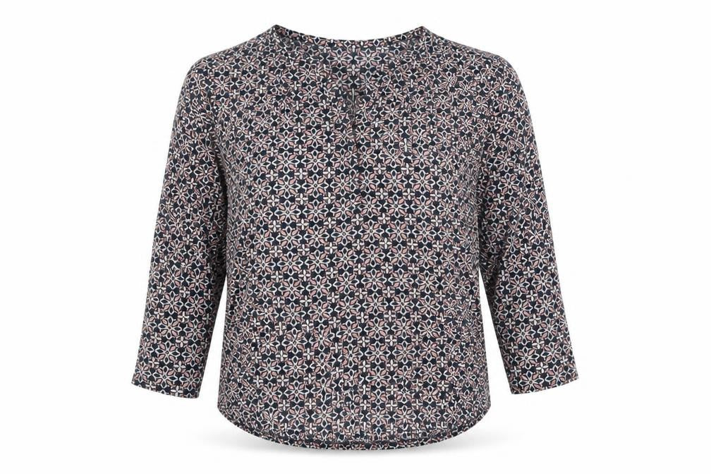 Front view of H&M women’s multicoloured tunic blouse, size S, geometric v-neck 3/4 sleeve