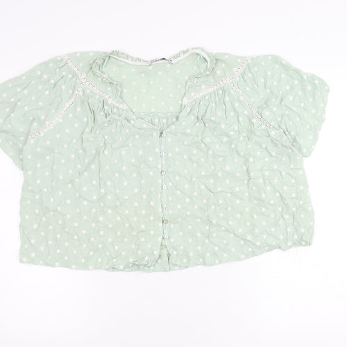 Zara Women Green Polka Dot Cotton Blouse Size 12 Tunic Top