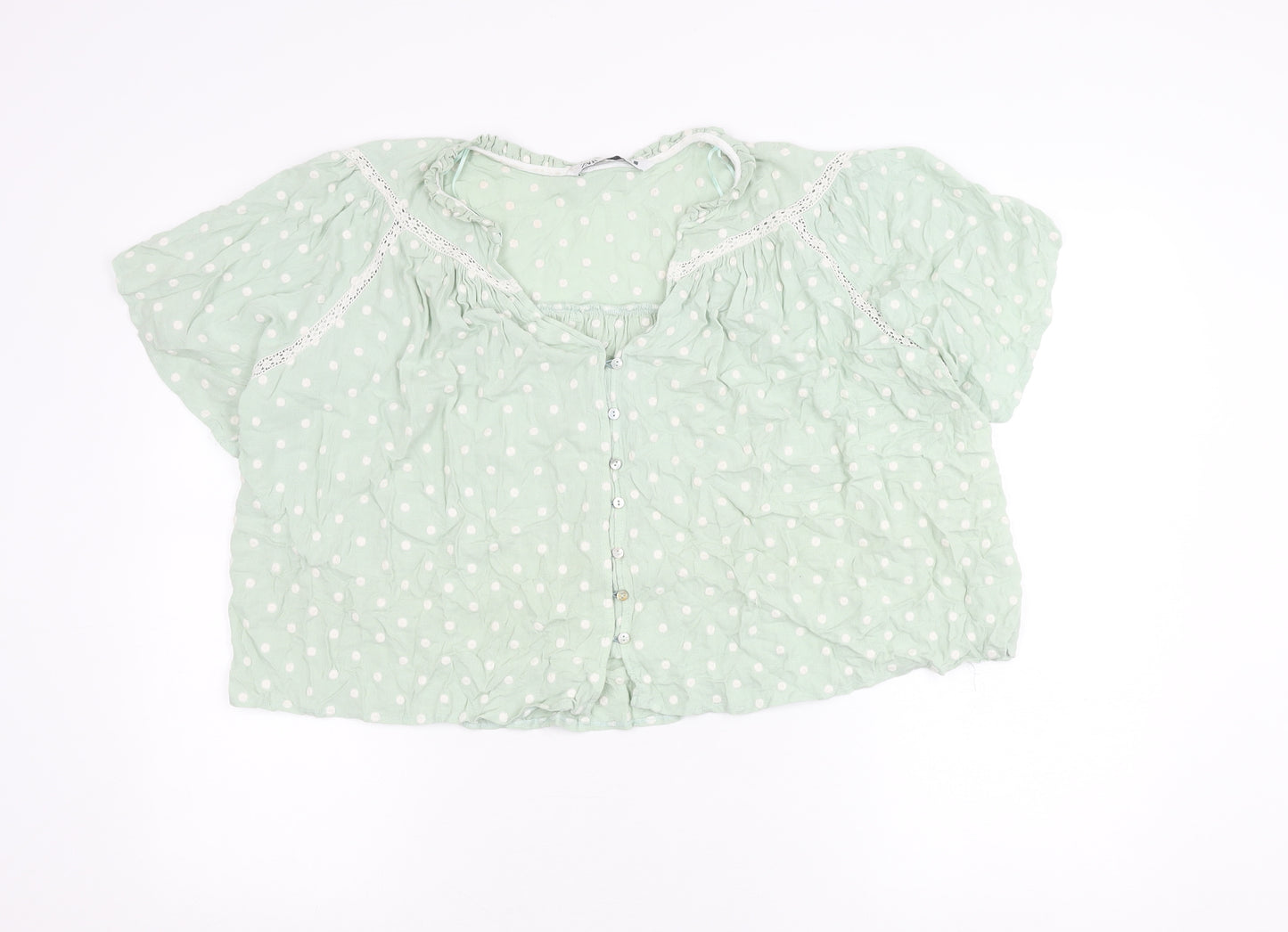 Zara Women Green Polka Dot Cotton Blouse Size 12 Tunic Top