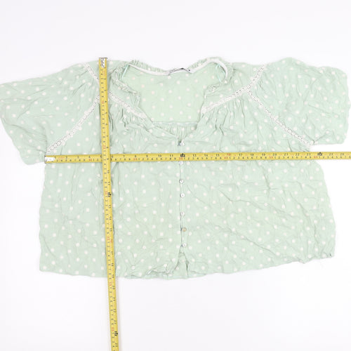 Zara Women Green Polka Dot Cotton Blouse Size 12 Tunic Top
