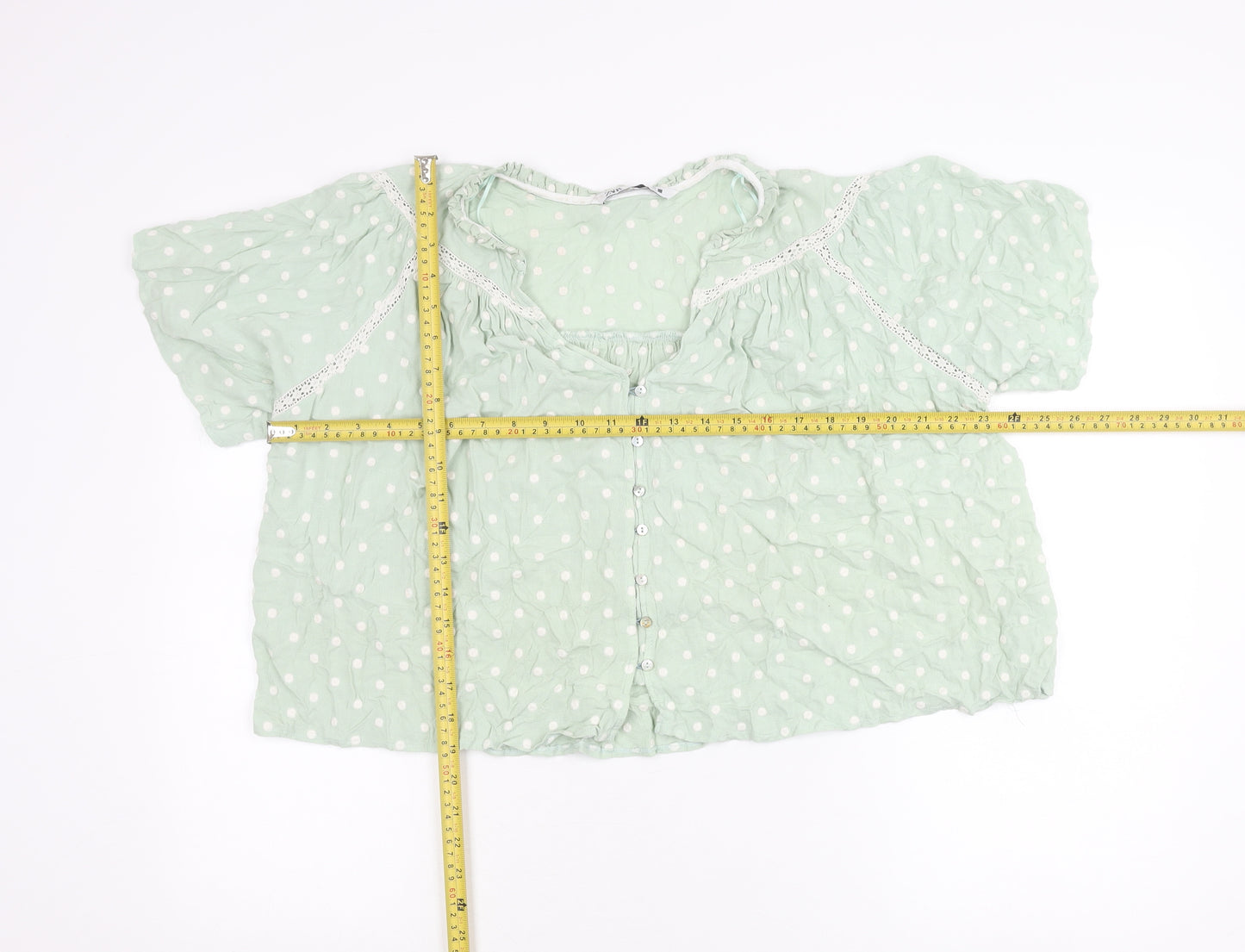 Zara Women Green Polka Dot Cotton Blouse Size 12 Tunic Top