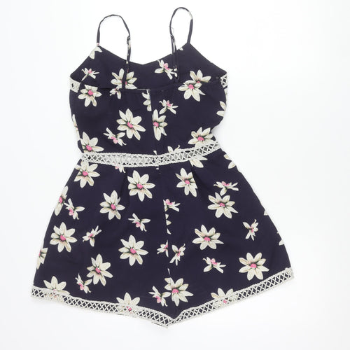 Parisian Womens Blue Floral Lace Trim Playsuit Size 10