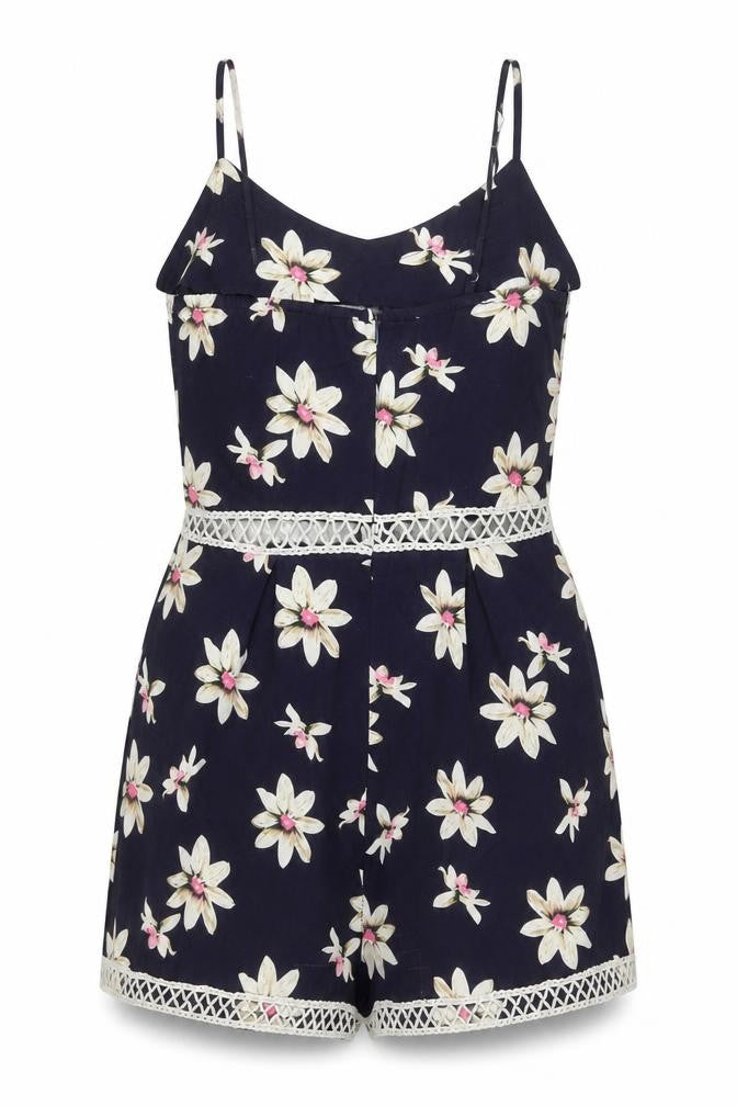 Parisian Womens Blue Floral Lace Trim Playsuit Size 10