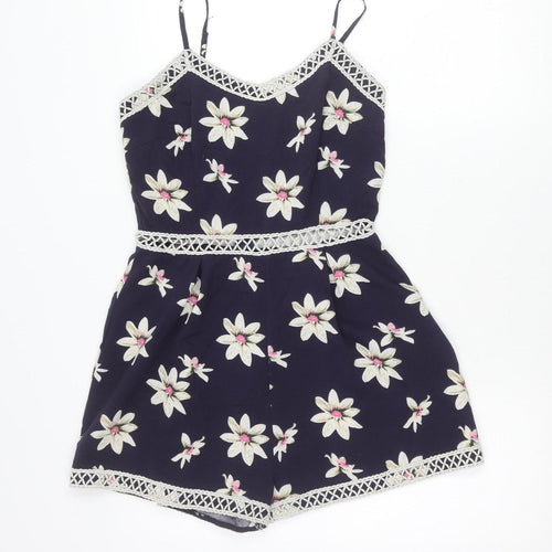 Parisian Womens Blue Floral Lace Trim Playsuit Size 10