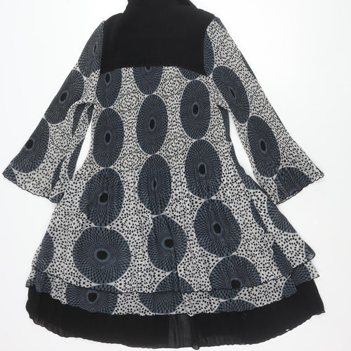 LINDI Women’s Black Blue Geometric A-Line Dress M Long Sleeve