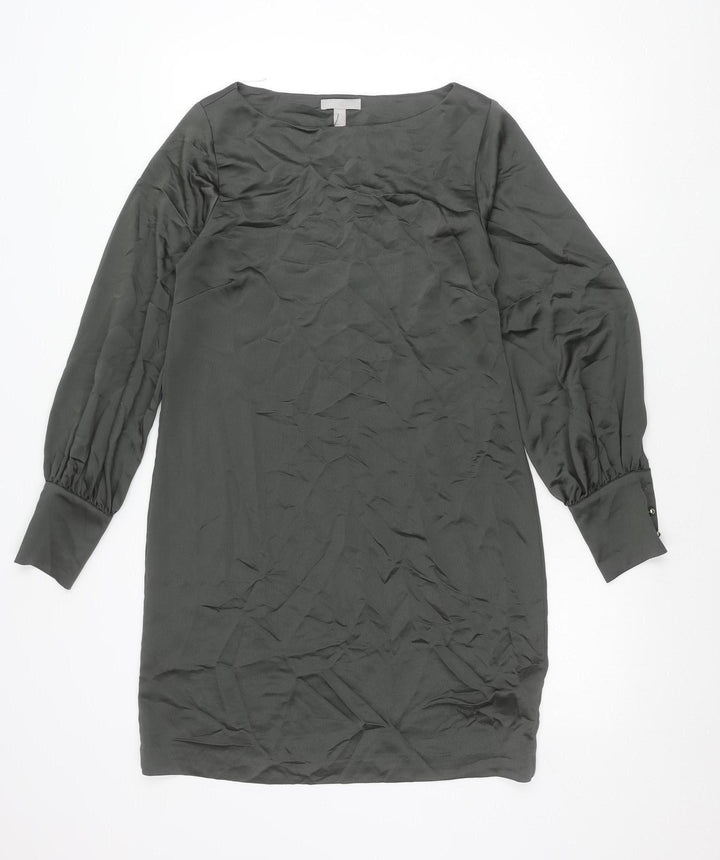 H&M Women Green Shift Dress Size S Puff Sleeve Knee Length