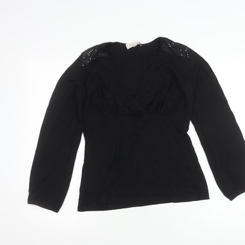 Bravissimo Womens Black Wrap Blouse Size 10 Long Sleeve Sequin Party Top