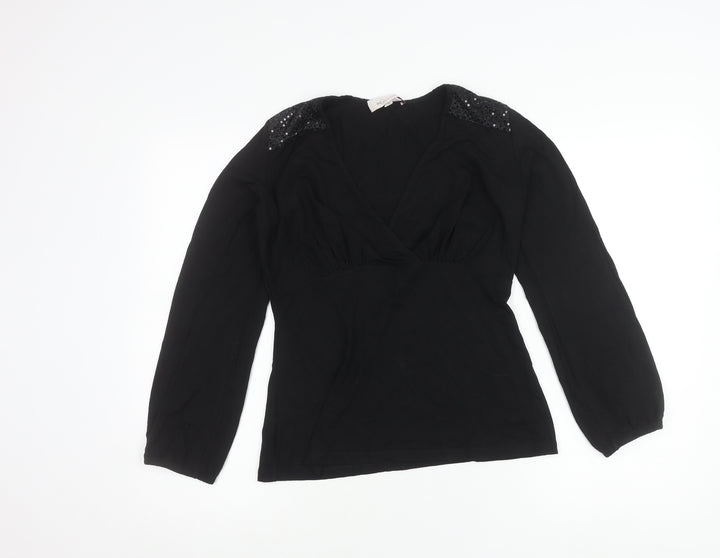 Bravissimo Womens Black Wrap Blouse Size 10 Long Sleeve Sequin Party Top