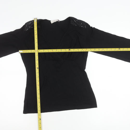 Bravissimo Womens Black Wrap Blouse Size 10 Long Sleeve Sequin Party Top