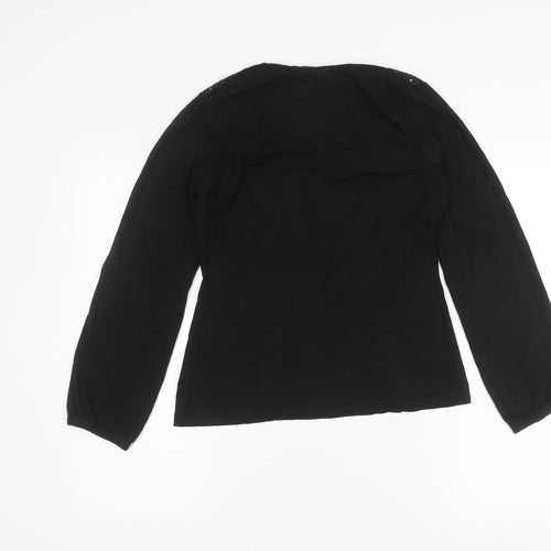 Bravissimo Womens Black Wrap Blouse Size 10 Long Sleeve Sequin Party Top