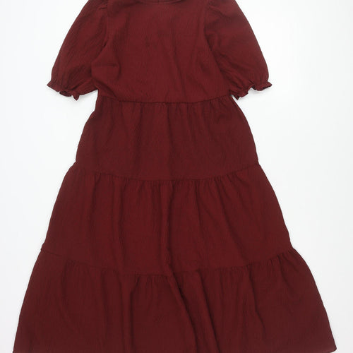New Look Women Red Skater Dress Size 6 Puff Sleeve Round Neck