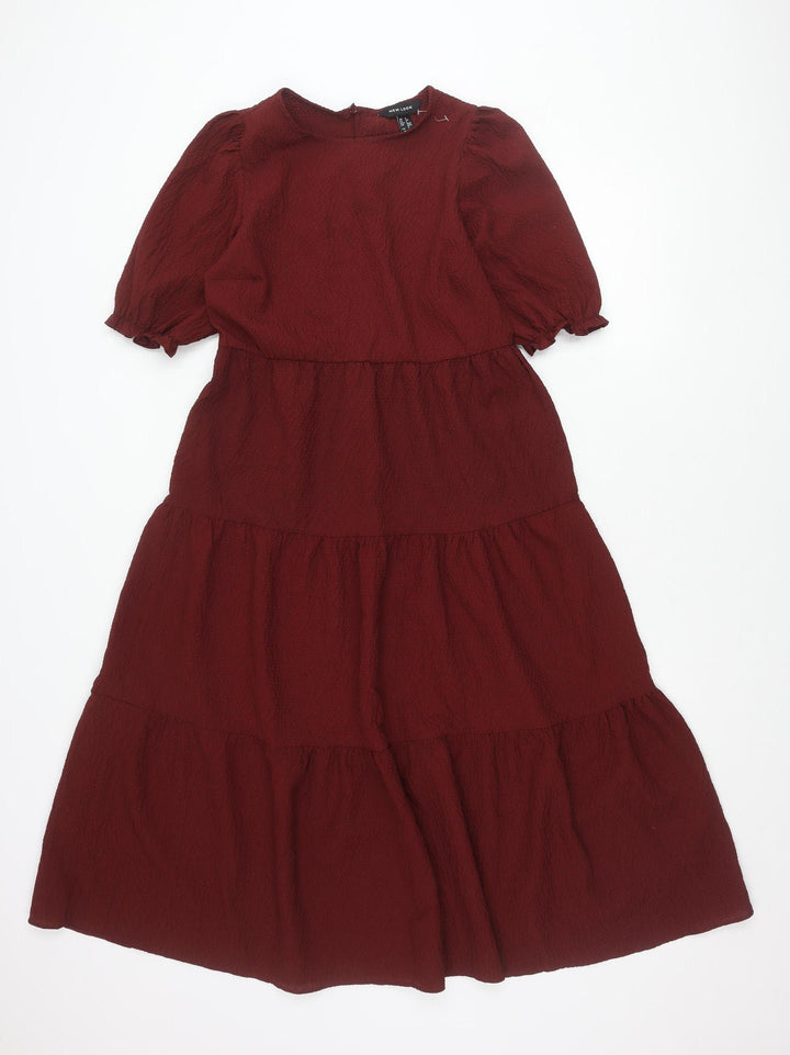 New Look Women Red Skater Dress Size 6 Puff Sleeve Round Neck