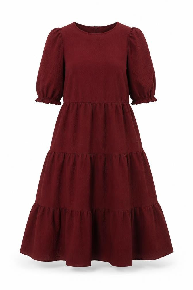 New Look Women Red Skater Dress Size 6 Puff Sleeve Round Neck
