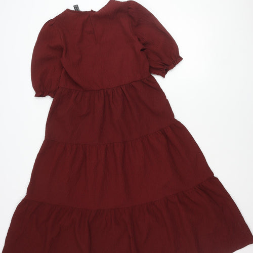 New Look Women Red Skater Dress Size 6 Puff Sleeve Round Neck