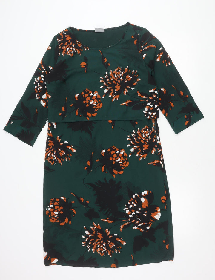 Mamalicious Women Green Floral Shift Maternity Dress Size M 3/4 Sleeve