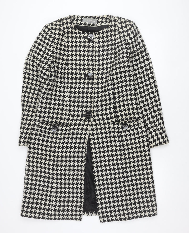 Marks and Spencer Women’s Black White Houndstooth Wool Blend Mid-Length Coat Size 10