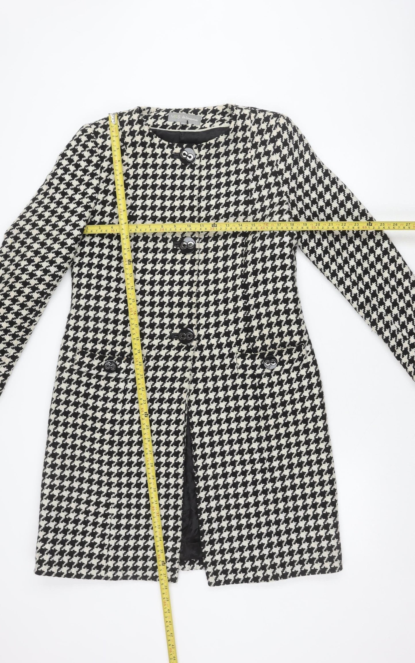 Marks and Spencer Women’s Black White Houndstooth Wool Blend Mid-Length Coat Size 10