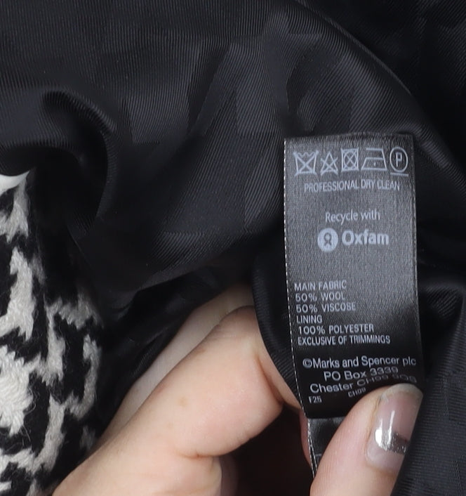 Marks and Spencer Women’s Black White Houndstooth Wool Blend Mid-Length Coat Size 10