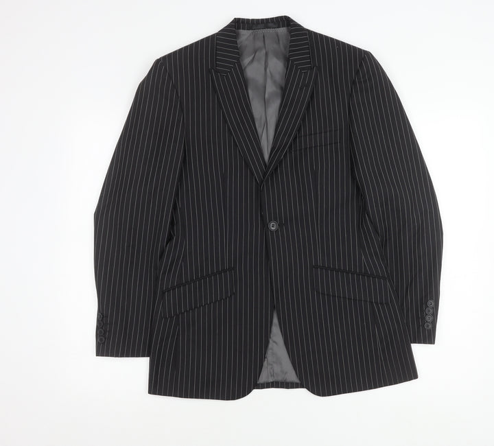 Men’s Black Pinstripe Slim Fit Suit Jacket 34 Chest Wool Blend