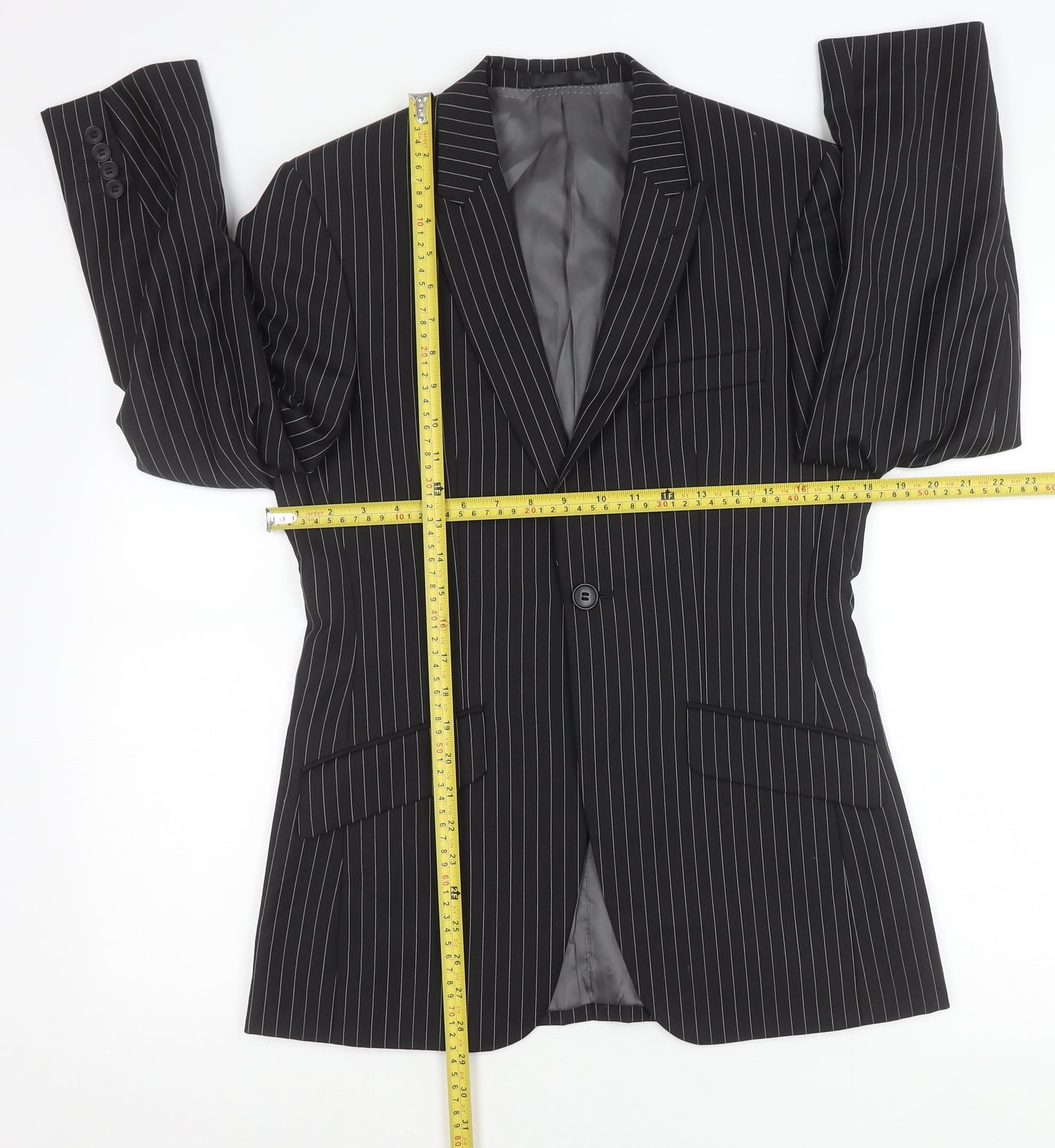Men’s Black Pinstripe Slim Fit Suit Jacket 34 Chest Wool Blend
