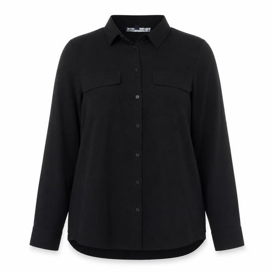 Front view of French Connection women’s black, size UK 8, button-up long sleeve shirt