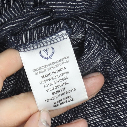 Van Heusen Men’s Blue Slim Fit Long Sleeve Striped Button-Up Shirt Size 15.5