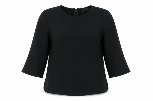 Front view of Topshop Women Black, size 6, Blouse 3/4 Sleeve Crew Neck