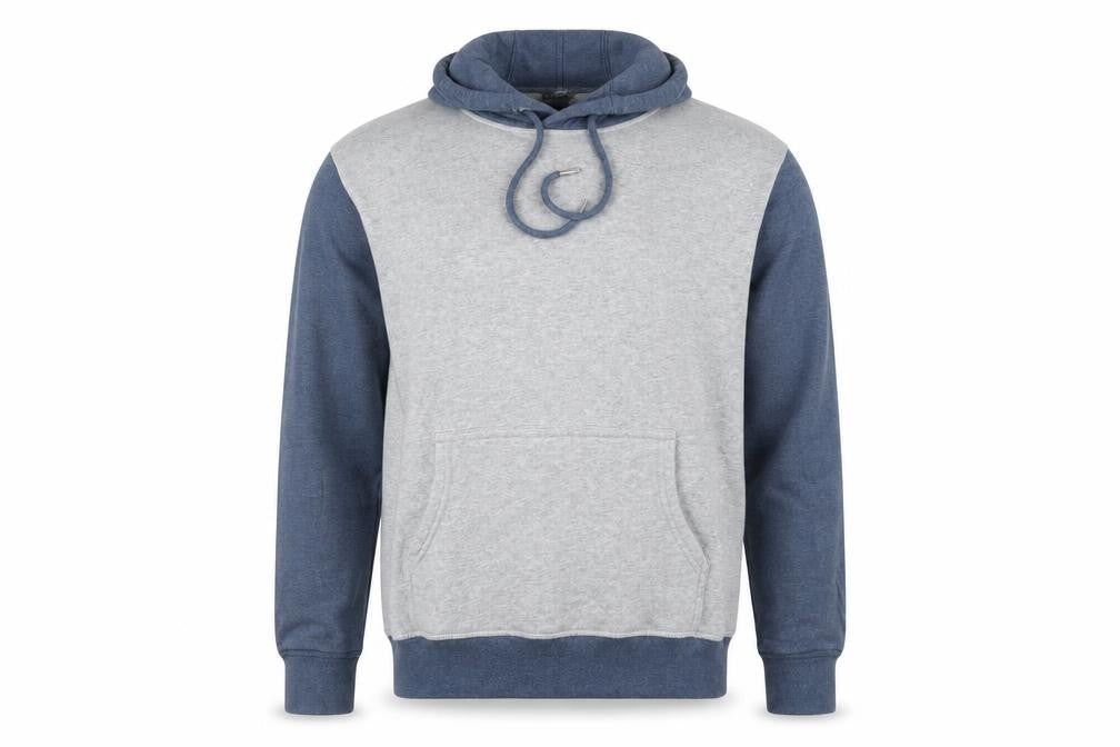 Front view of Saks Fifth Avenue Men's Grey Blue Pullover Hoodie, size M, Hooded