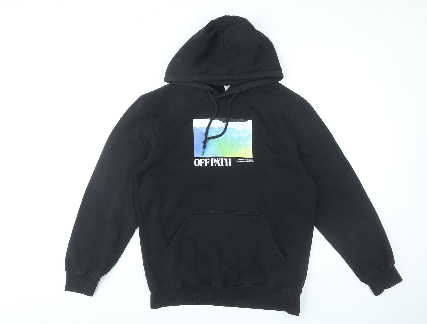 H&M Mens Black Pullover Hoodie Regular Fit M Graphic Logo