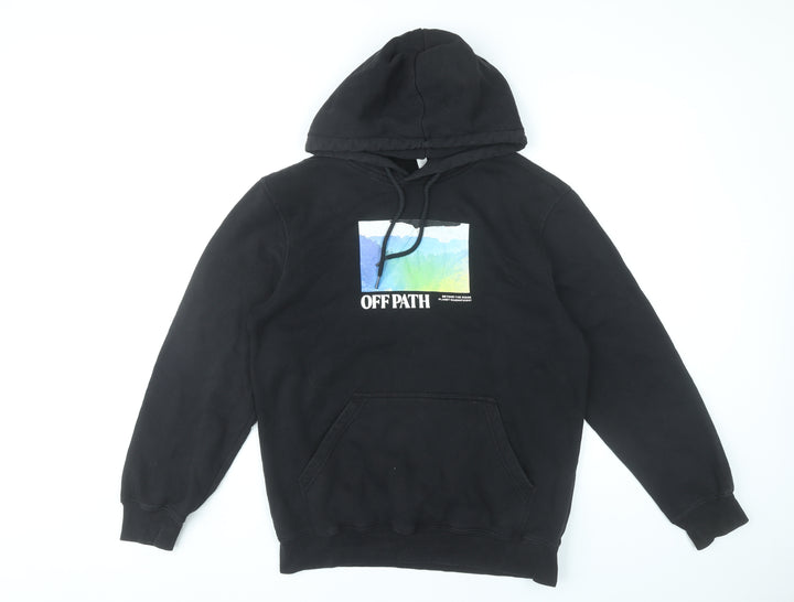 H&M Mens Black Pullover Hoodie Regular Fit M Graphic Logo