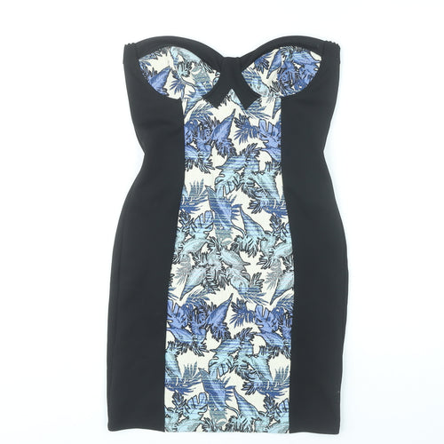 Topshop Women’s Black Blue Floral Bodycon Dress UK 10