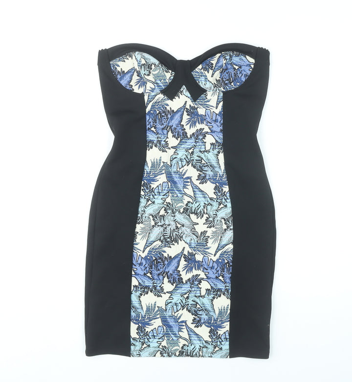 Topshop Women’s Black Blue Floral Bodycon Dress UK 10