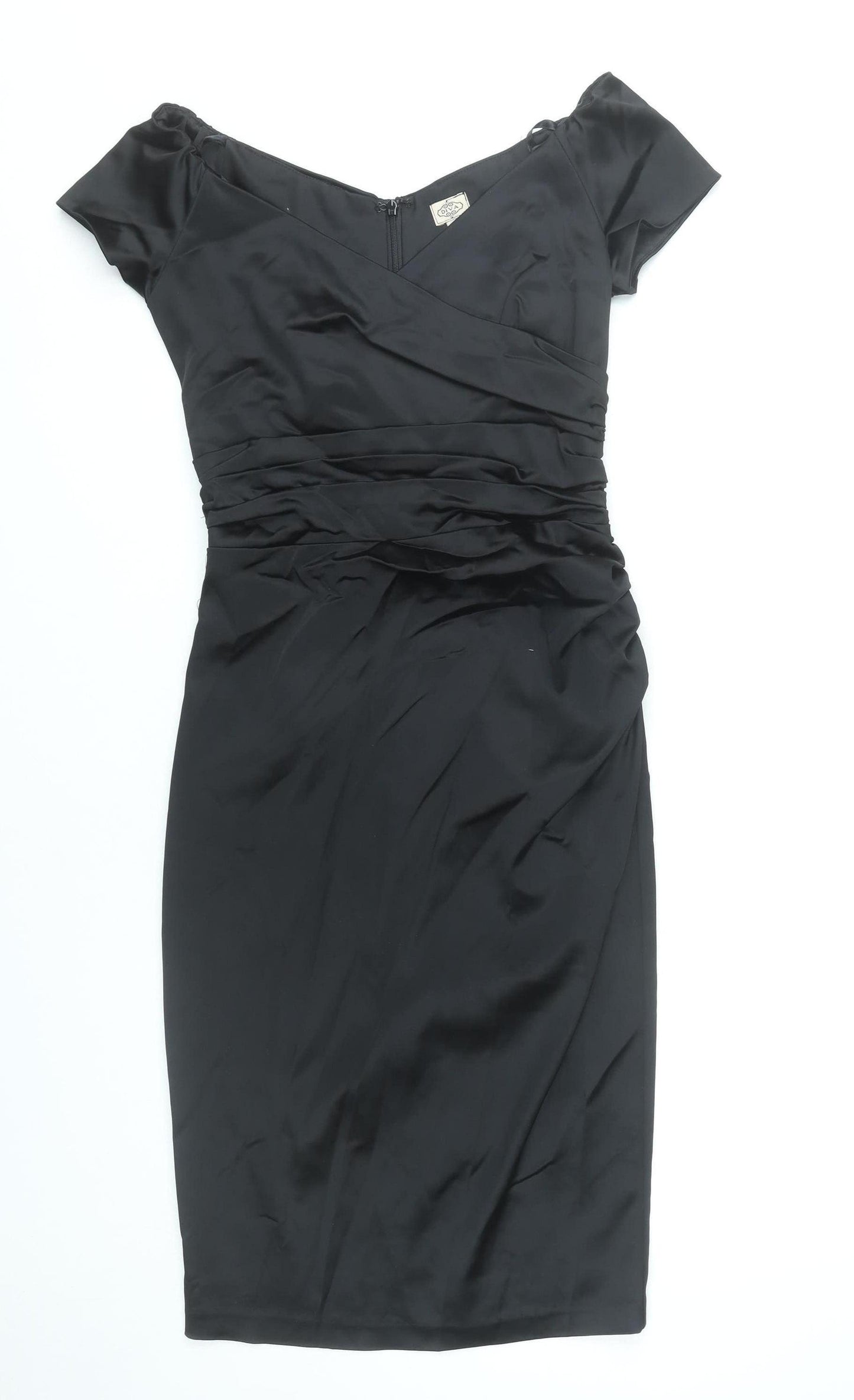 QDA Women’s Black Sheath Knee Length Off Shoulder Ruched Dress S