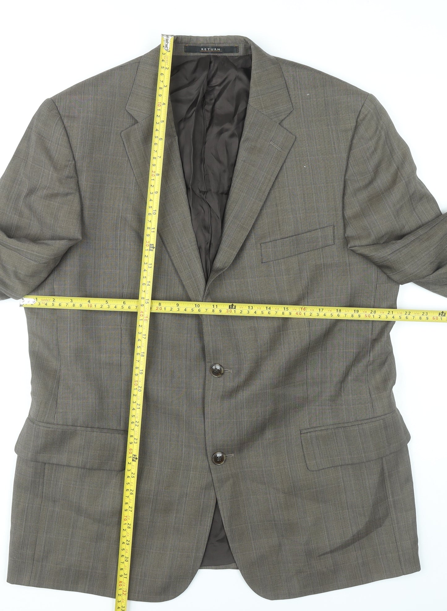 Return Men's Brown Check Blazer Size 38 Regular Fit Notch Lapel
