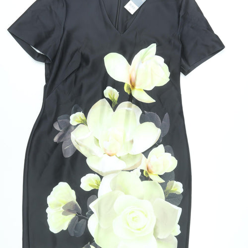 Bonmarché Women Black Floral Sheath Dress Size 18 Short Sleeve V-Neck