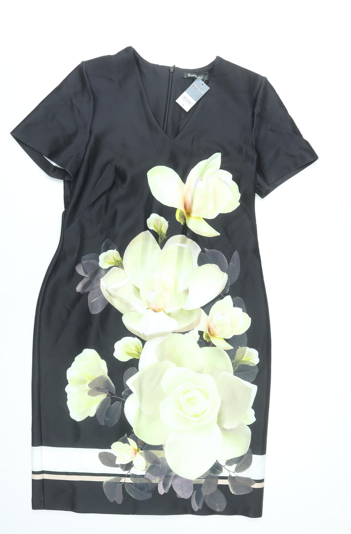 Bonmarché Women Black Floral Sheath Dress Size 18 Short Sleeve V-Neck