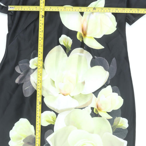 Bonmarché Women Black Floral Sheath Dress Size 18 Short Sleeve V-Neck