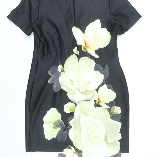 Bonmarché Women Black Floral Sheath Dress Size 18 Short Sleeve V-Neck