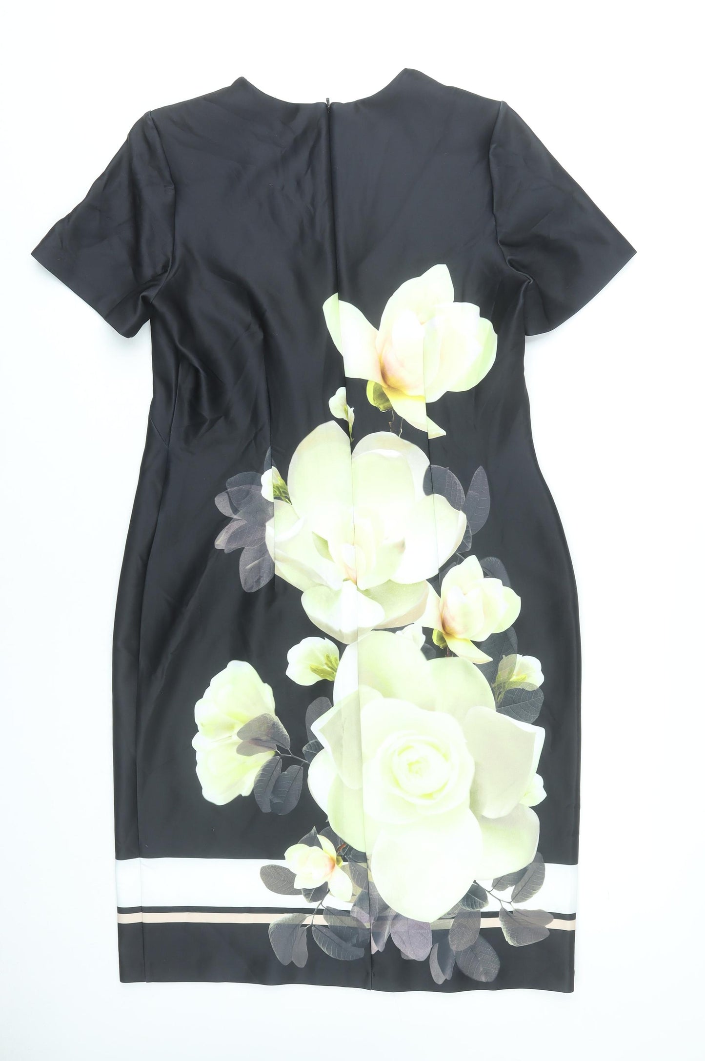 Bonmarché Women Black Floral Sheath Dress Size 18 Short Sleeve V-Neck