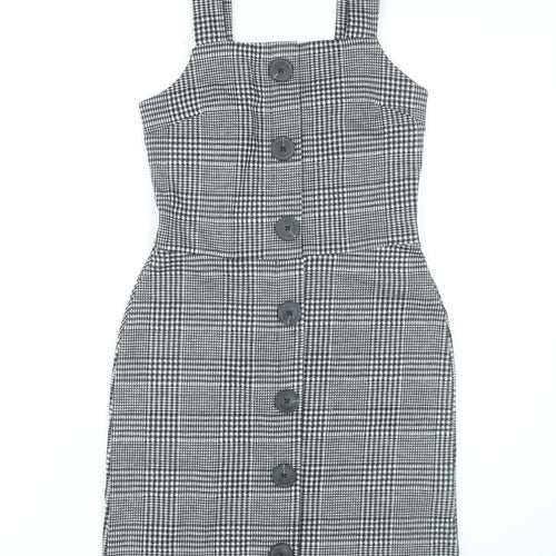 River Island Women Grey Check Pinafore Dress UK 6 Buttoned Workwear