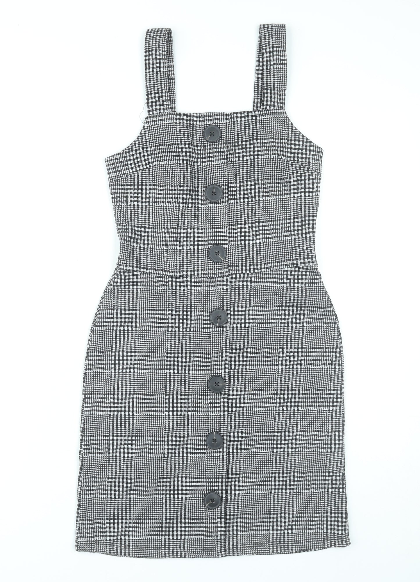 River Island Women Grey Check Pinafore Dress UK 6 Buttoned Workwear