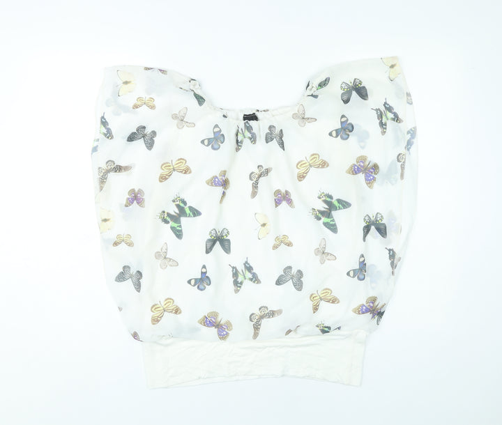 Izabel London Womens White Butterfly Print Sleeveless Tunic Blouse Size 14