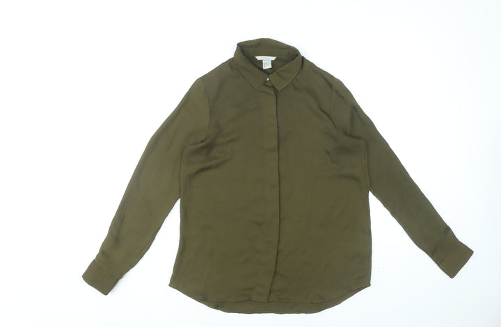 H&M Womens Green Button-Up Shirt Size 8 Long Sleeve Polyester