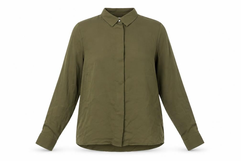Front view of H&M women’s green button-up shirt, size UK 8, long sleeve polyester