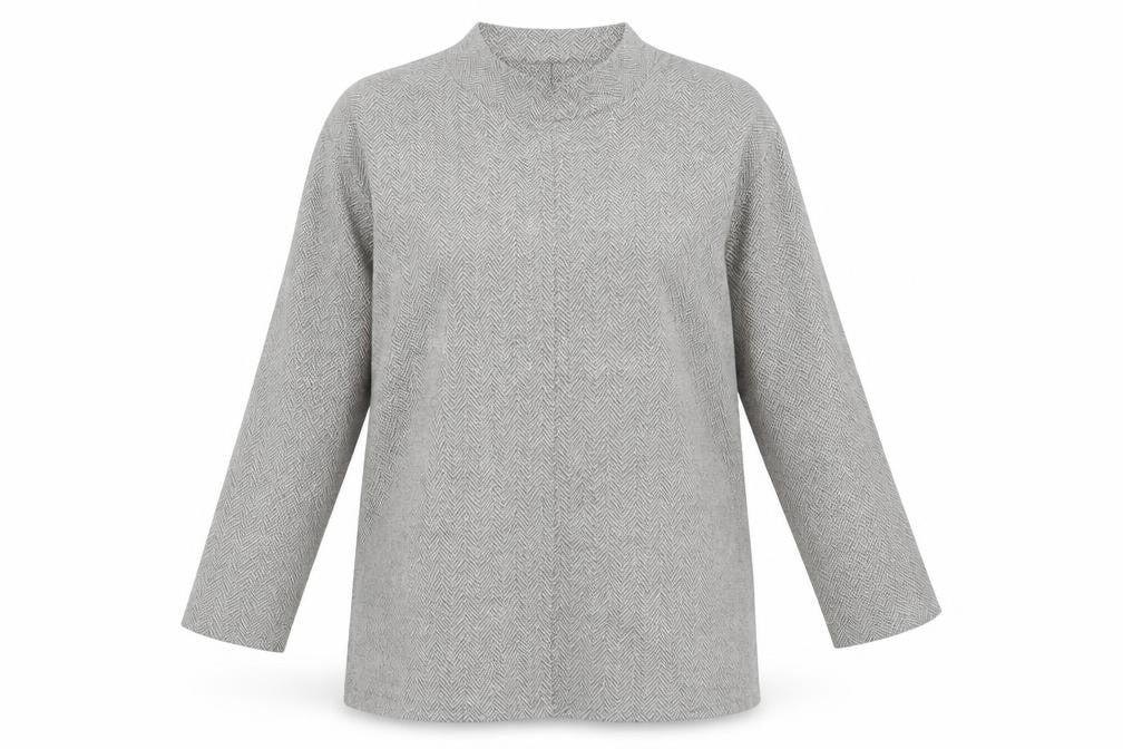 Front view of Masai Women’s Grey Herringbone Tunic Blouse, size S, Long Sleeve